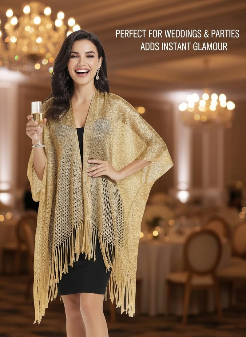 Rheane Gold Sequin Shawl, Sequin Cardigan For Wedding and Formal Event Dressesy, Gold Jacket For Evening Event - Image 2